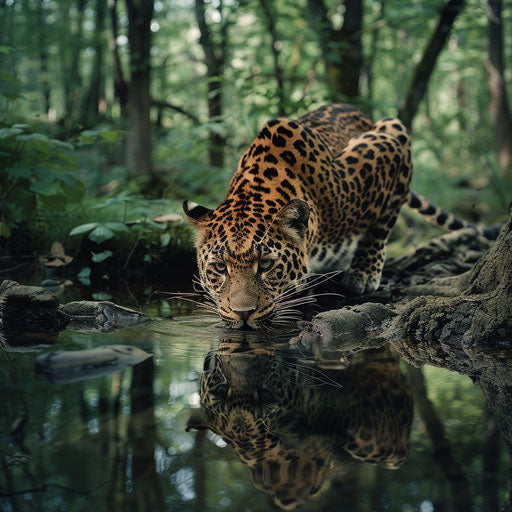 The vibrant life of the forest captured with an Amur leopard drinking from a crystal-clear stream