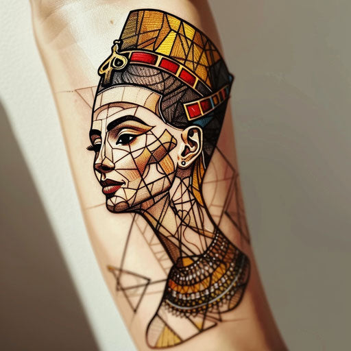 Stylized flat tattoo sketch of Nefertiti with a modern twist