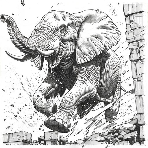 Heroic elephant in an action scene in the style of Mike Zeck coloring book page