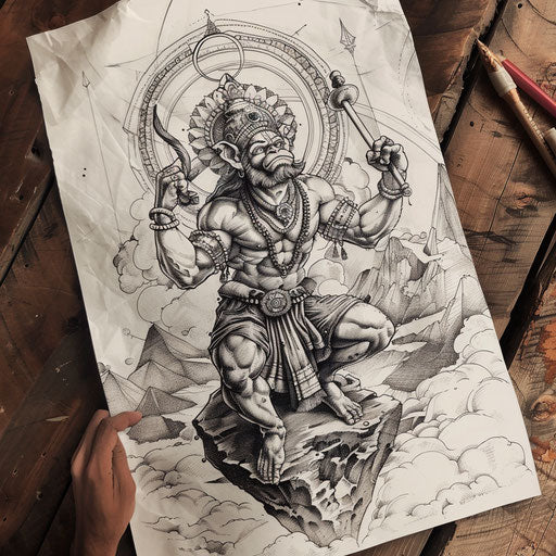 Surreal flat tattoo sketch of Hanuman lifting a celestial mountain