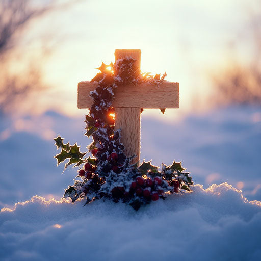 Wooden cross in holly and ivy garland against snowy dawn