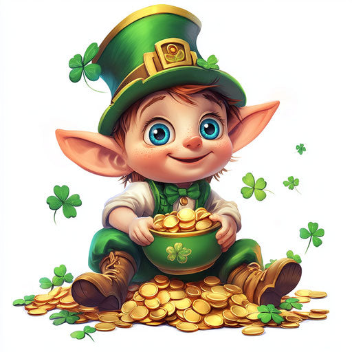 Charming Pixar-style creature with clover and pot of gold