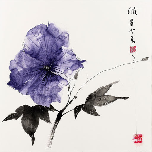 Stylized Japanese ink painting of a violet flower tattoo
