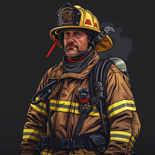 Firefighter clipart rendered in a realistic style on a flat, dark charcoal background, accentuating dramatic contrast and intricate detail