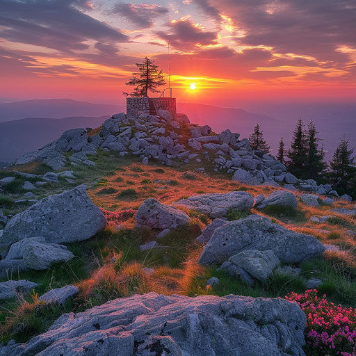 Vitosha at a colorful sunset, in the style of Sean Bagshaw