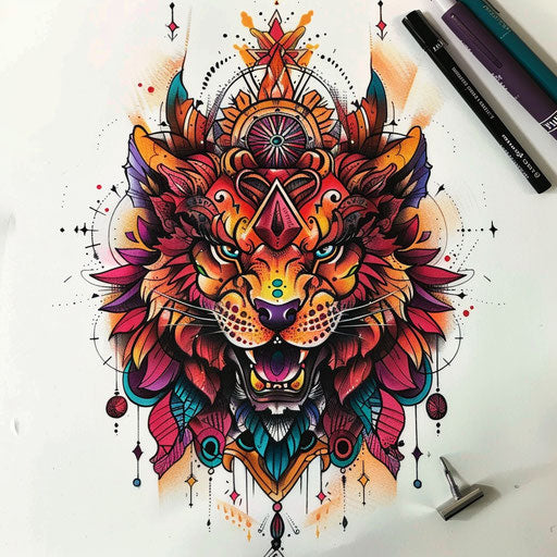 Neo-traditional tattoo sketch of a hakuna matata symbol with rich colors and intricate details