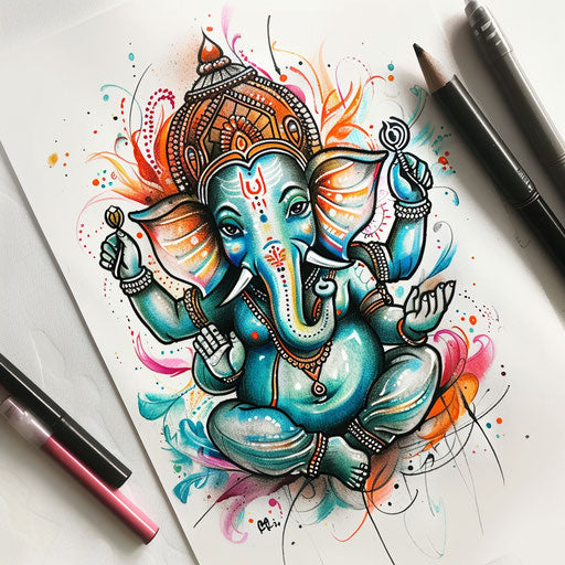 Vivid tattoo sketch of Ganesha, clipart style and bright colors mix