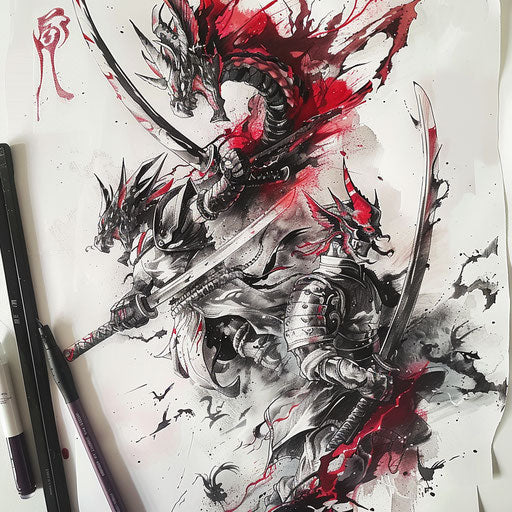 Epic battle scene from a hit anime in a dynamic tattoo design on white background