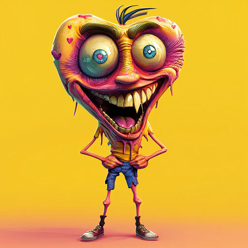 Humorous caricature of a love heart with human characteristics, exaggerated chin, muscular legs, neon colors, vibrant colors, cartoon style, surprised, high resolution, no background, isolated