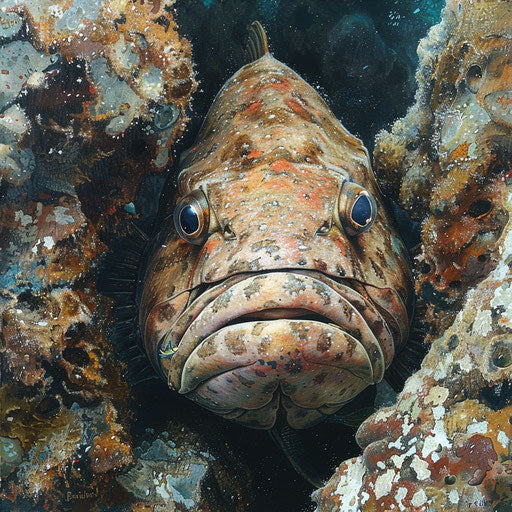Face of a Warsaw grouper behind a large ancient underwater rock formation