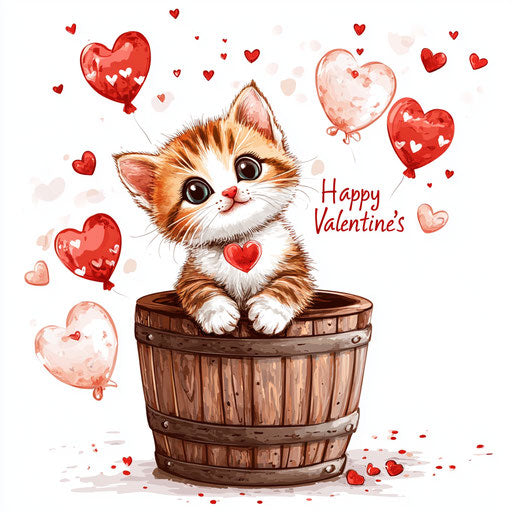 Adorable kitten in barrel with hearts - Happy Valentine's