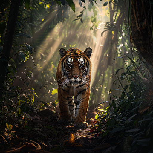 Sumatran tiger walking in the sunny jungle
