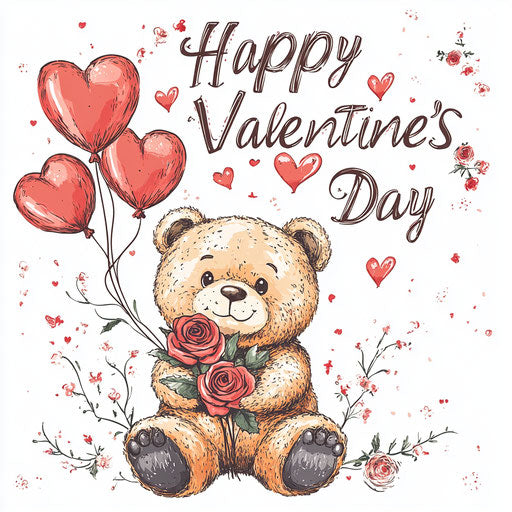 Adorable teddy bear with roses and heart-shaped balloons