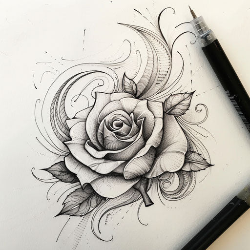 Dynamic flat tattoo sketch of a blooming rose