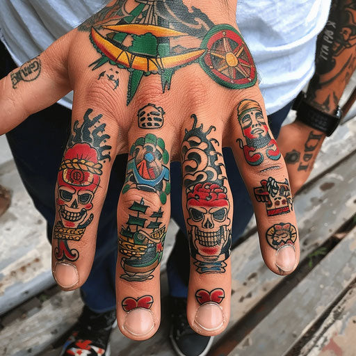 Men's finger tattoos in the style of Ed Hardy with classic nautical themes