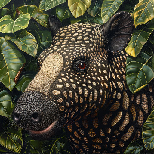 Detailed portrait of Baird's tapir against vibrant green leaves