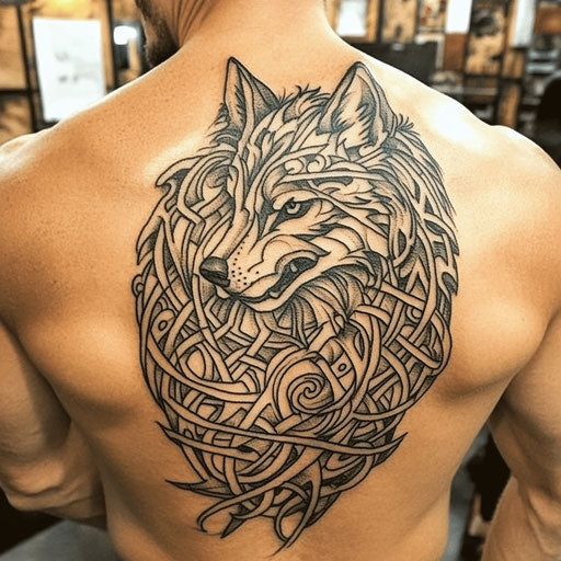 Tribal wolf tattoo in the style of Glenn Fabry with Celtic designs