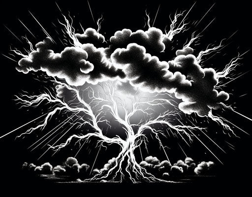 Black and white lightning cloud with flashes in the style of simple line drawings