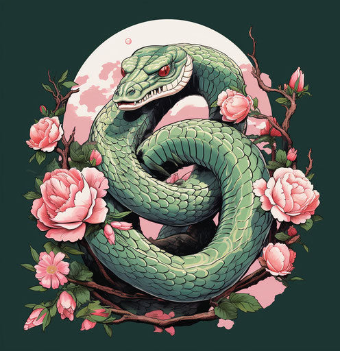 Japanese snake and pink roses in bold outline style
