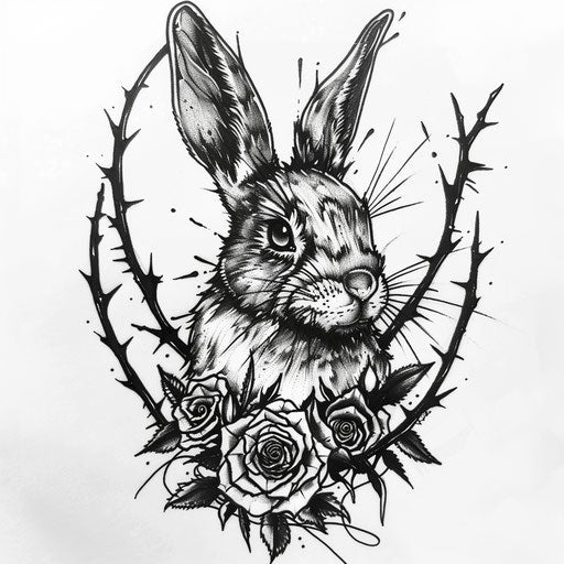 Gothic flat tattoo sketch of a bunny with dark roses and thorns in monochrome black