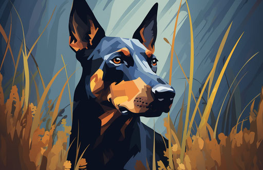 Doberman dog in grass, orange and dark blue style