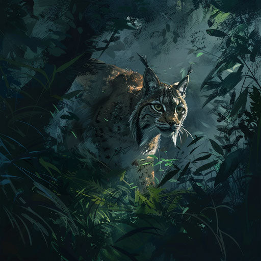 Dramatic encounter of a lynx emerging from the shadows of the forest