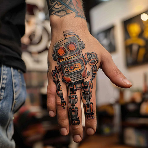 Tiny hand tattoos of a robot, in the style of Humberto Ramos