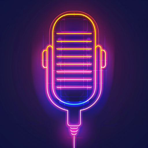Retro podcast logo with neon colors on dark background