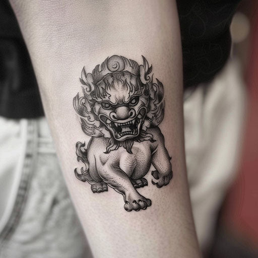 Blackwork foo dog tattoo on white canvas
