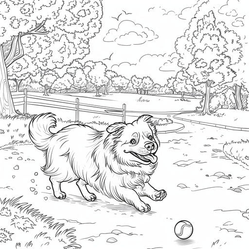 Dog playing with tennis ball in park coloring book