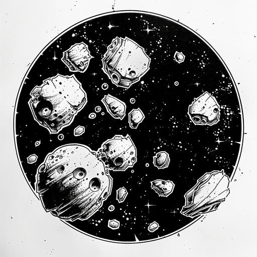 Stylish tattoo sketch of an asteroid belt in monochrome