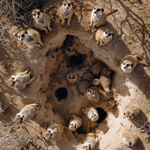 Aerial meerkat colony, environment and burrows, wide-angle