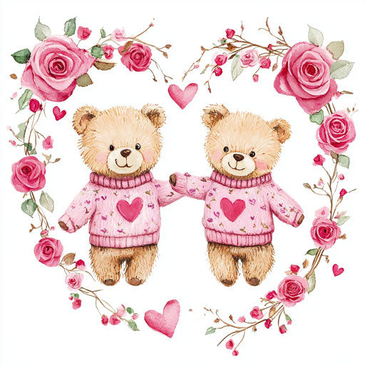 Adorable teddy bear couple in pink sweaters among roses, surrounded by heart-shaped rose wreaths on a white background