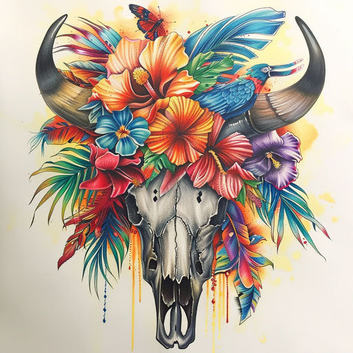 Exotic tattoo sketch of a cow skull with tropical flowers and vividly colorful parrot feathers