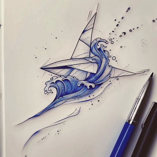 Zen tattoo sketch of a paper airplane with minimalist waves and serene blue tones
