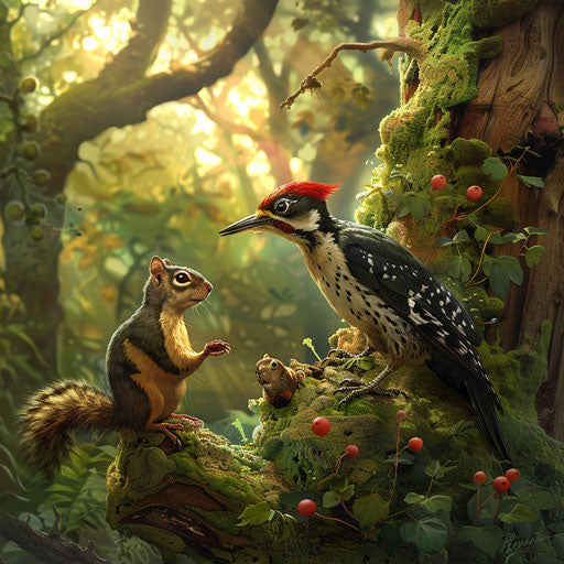 Bird and squirrel in lush forest