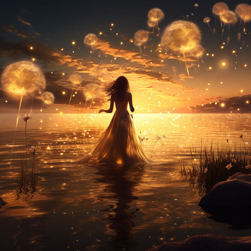 Woman on lake with dandelion in magenta and amber