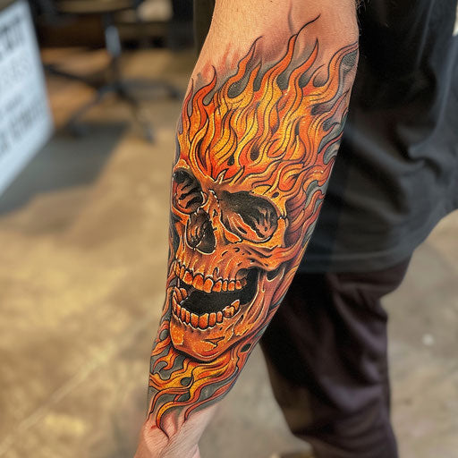 Forearm tattoo of a flaming skull, Ed Hardy style