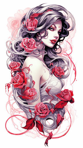 Woman with white roses, supernatural creatures style