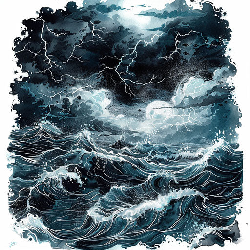 Dramatic tattoo sketch of stormy sea with lightning, dark blue and gray tones, clipart style