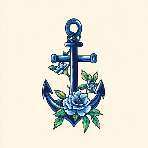 Forearm tattoo design with anchor and blue flowers