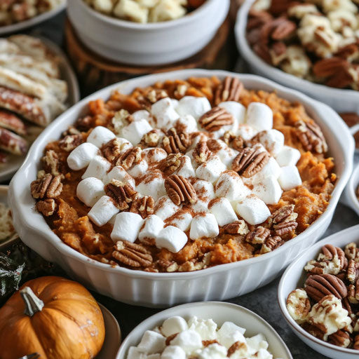 Sweet potato casserole with marshmallows and crunchy pecans