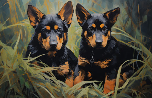 Two puppies sitting in the grass, dark orange and dark black style