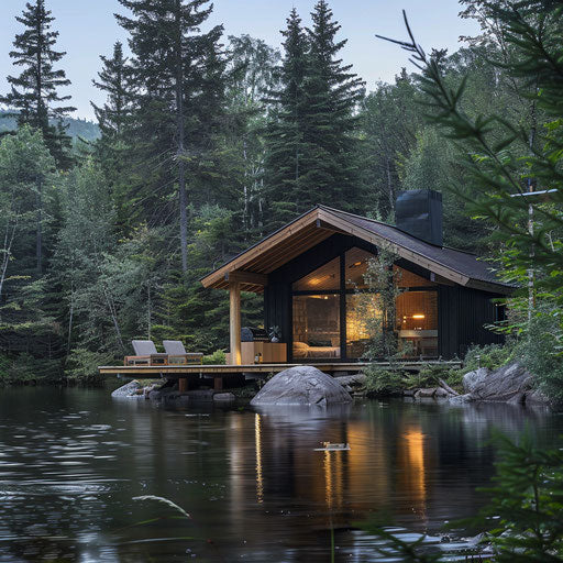 Small mountain lodge on a lake