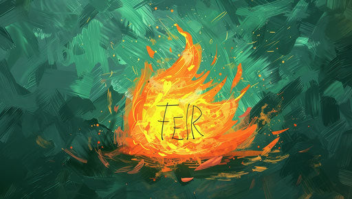 Flame on green background saying fire, vibrant cartoon style