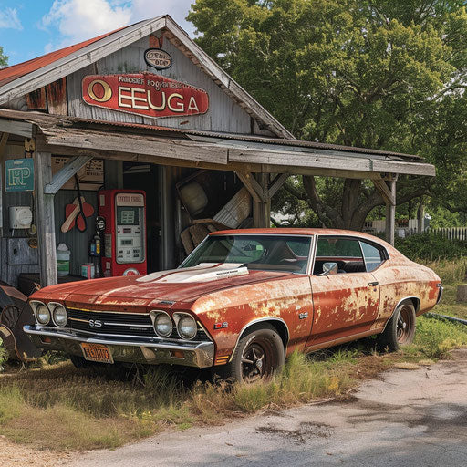 1969 Chevrolet Chevelle SS with patina finish at rustic country gas station