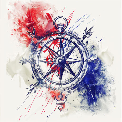 Sketch of patriotic tattoo of a Viking compass with flag motif and national colors