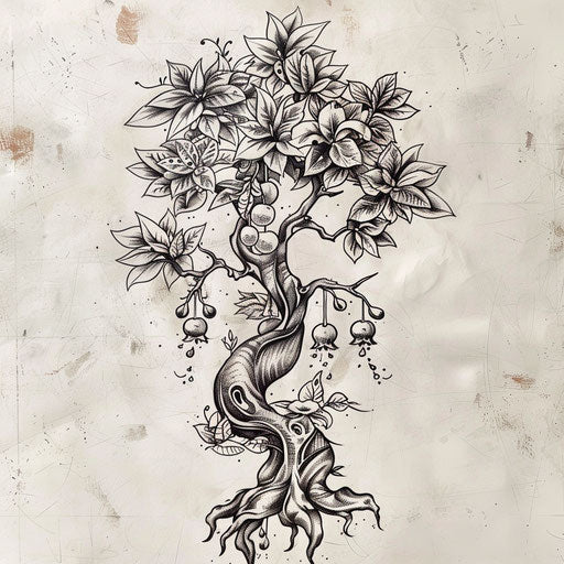 Artistic flat tattoo sketch of a jagua tree with exaggerated whimsical fruits