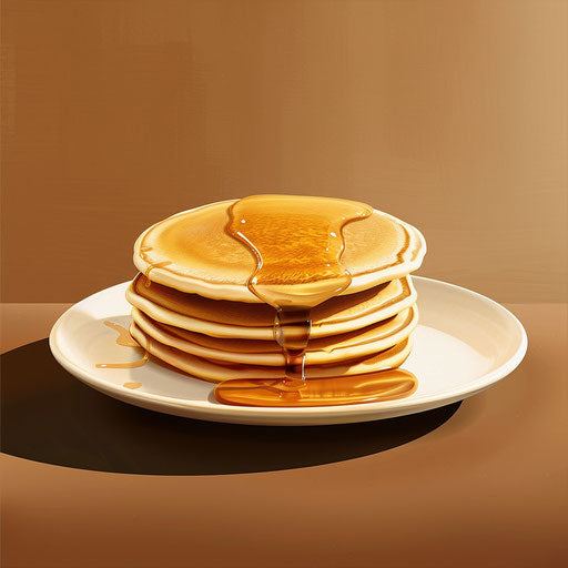 Pancake illustration in photorealistic style with random flat background, metallic sheen, and realistic textures