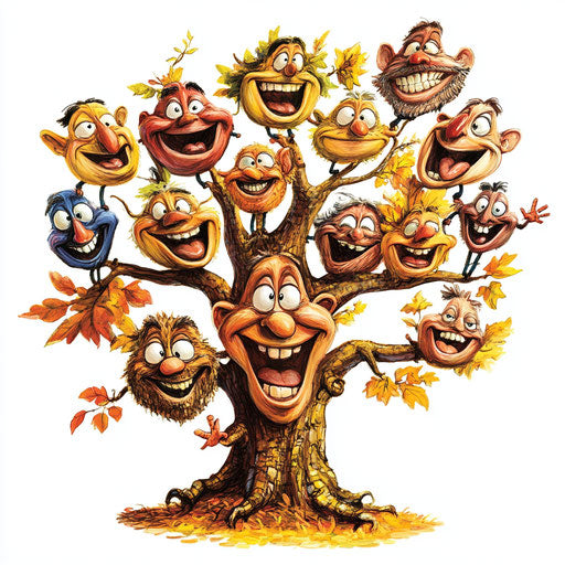 Humorous caricature of a family tree with exaggerated human characteristics